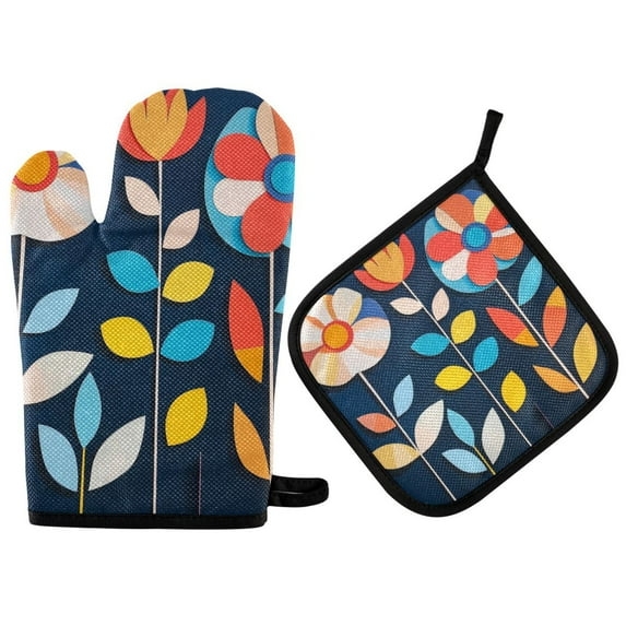 Yayeee Oven Mitts and Pot Holder Set of 2 Heat Resistant Kitchen Gloves Baking Hot Pad, Simple Floral