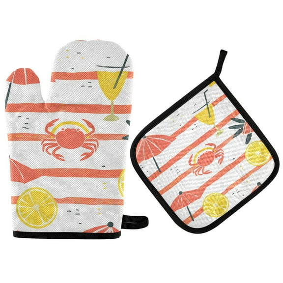 Yayeee Oven Mitts and Pot Holder Set of 2 Heat Resistant Kitchen Gloves Baking Hot Pad, Striped Crab