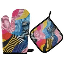 Yayeee Oven Mitts and Pot Holder Set of 2 Heat Resistant Kitchen Gloves Baking Hot Pad, Stripes Pattern