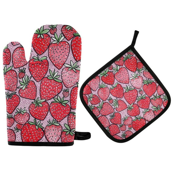 Yayeee Oven Mitts and Pot Holder Set of 2 Heat Resistant Kitchen Gloves Baking Hot Pad, Sweet Strawberry