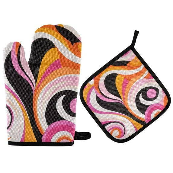 Yayeee Oven Mitts and Pot Holder Set of 2 Heat Resistant Kitchen Gloves Baking Hot Pad, Swirling Circles