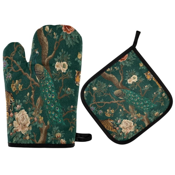 Yayeee Oven Mitts and Pot Holder Set of 2 Heat Resistant Kitchen Gloves Baking Hot Pad, Tiger and Peacock Pattern