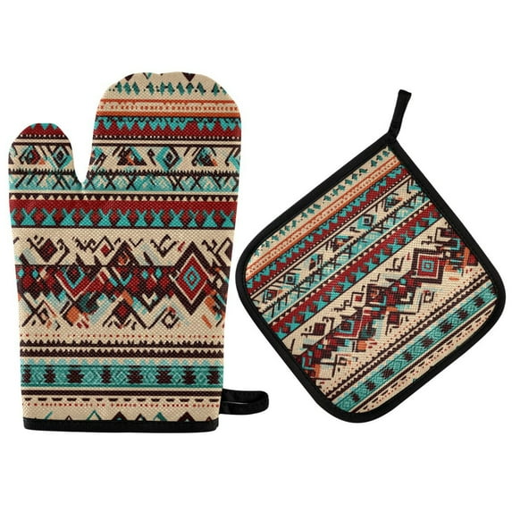 Yayeee Oven Mitts and Pot Holder Set of 2 Heat Resistant Kitchen Gloves Baking Hot Pad, Tribal Art