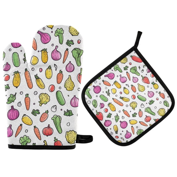 Yayeee Oven Mitts and Pot Holder Set of 2 Heat Resistant Kitchen Gloves Baking Hot Pad, Various Vegetables Pattern