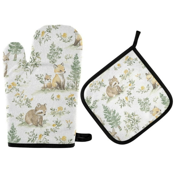 Yayeee Oven Mitts and Pot Holder Set of 2 Heat Resistant Kitchen Gloves Baking Hot Pad, Watercolor Forest Pattern