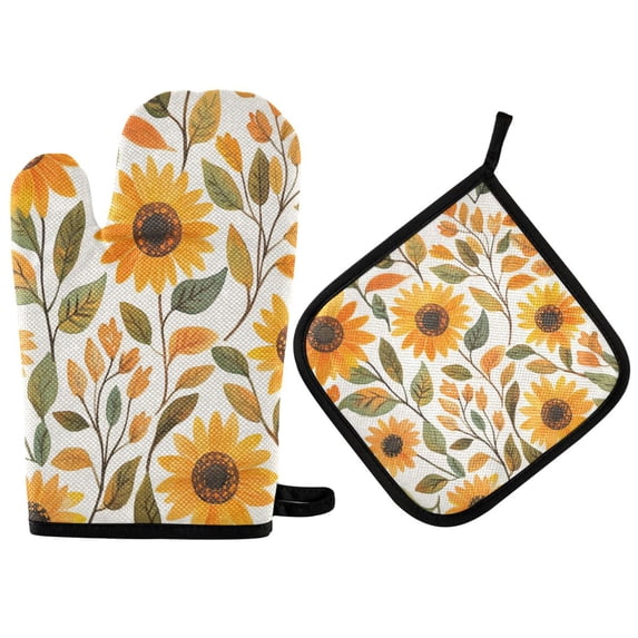 Yayeee Oven Mitts and Pot Holder Set of 2 Heat Resistant Kitchen Gloves Baking Hot Pad, Watercolor Sunflowers