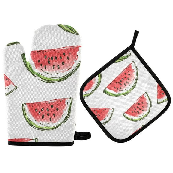 Yayeee Oven Mitts and Pot Holder Set of 2 Heat Resistant Kitchen Gloves Baking Hot Pad, Watermelon Pattern