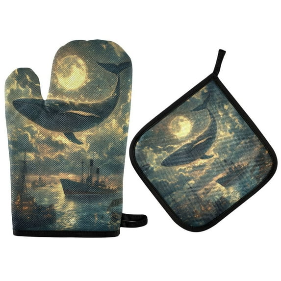 Yayeee Oven Mitts and Pot Holder Set of 2 Heat Resistant Kitchen Gloves Baking Hot Pad, Whale and Moon
