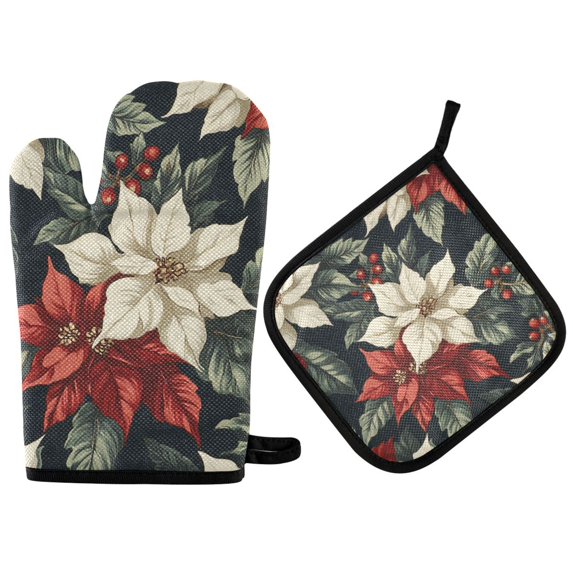 Yayeee Oven Mitts and Pot Holder Set of 2 Heat Resistant Kitchen Gloves Baking Hot Pad, White Christmas Leaves