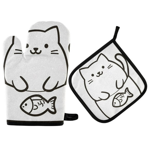 Yayeee Oven Mitts and Pot Holder Set of 2 Heat Resistant Kitchen Gloves Baking Hot Pad, White Chubby Cat