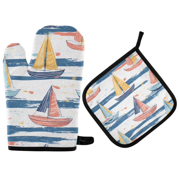 Yayeee Oven Mitts and Pot Holder Set of 2 Heat Resistant Kitchen Gloves Baking Hot Pad, White Hand Drawn Sailboats