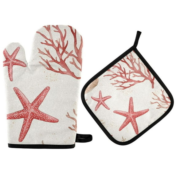 Yayeee Oven Mitts and Pot Holder Set of 2 Heat Resistant Kitchen Gloves Baking Hot Pad, White Starfish