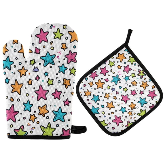 Yayeee Oven Mitts and Pot Holder Set of 2 Heat Resistant Kitchen Gloves Baking Hot Pad, White Stars