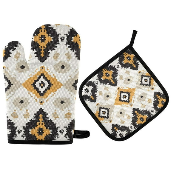 Yayeee Oven Mitts and Pot Holder Set of 2 Heat Resistant Kitchen Gloves Baking Hot Pad, White and Black