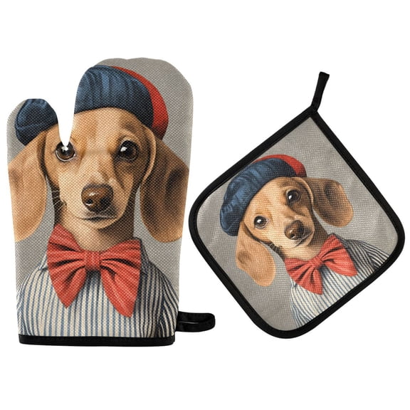 Yayeee Oven Mitts and Pot Holder Set of 2 Heat Resistant Kitchen Gloves Baking Hot Pad, Yellow Dog Artist