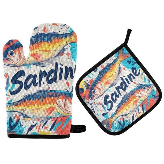 Yayeee Oven Mitts and Pot Holder Set of 2 Heat Resistant Kitchen Gloves Baking Hot Pad, Yellow Sardines Pattern