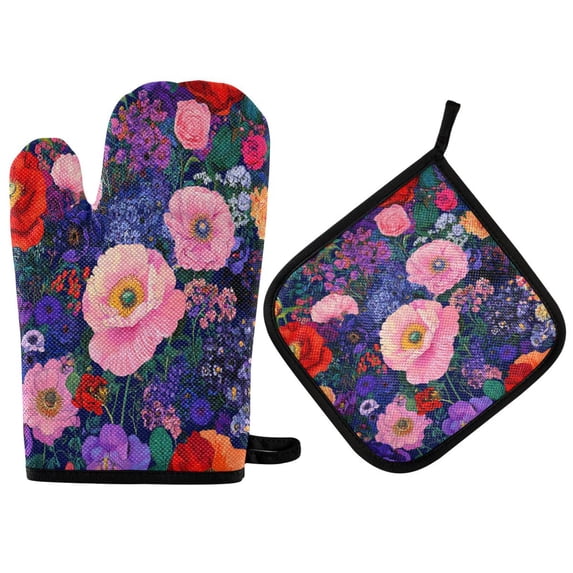 Yayeee Oven Mitts and Pot Holder Set of 4 Heat Resistant Kitchen Gloves Baking Hot Pad, Beautiful Floral Pattern