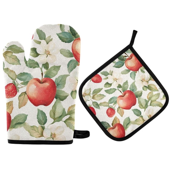 Yayeee Oven Mitts and Pot Holder Set of 4 Heat Resistant Kitchen Gloves Baking Hot Pad, Beige Apple Pattern