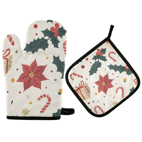Yayeee Oven Mitts and Pot Holder Set of 4 Heat Resistant Kitchen Gloves Baking Hot Pad, Beige Christmas Candy Canes
