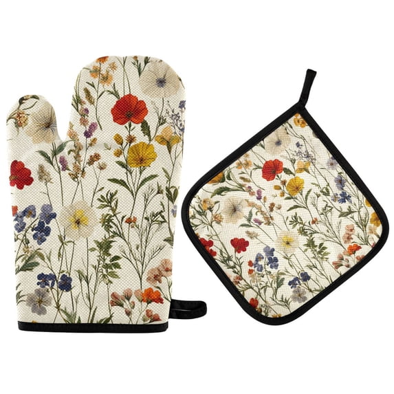 Yayeee Oven Mitts and Pot Holder Set of 4 Heat Resistant Kitchen Gloves Baking Hot Pad, Beige Floral