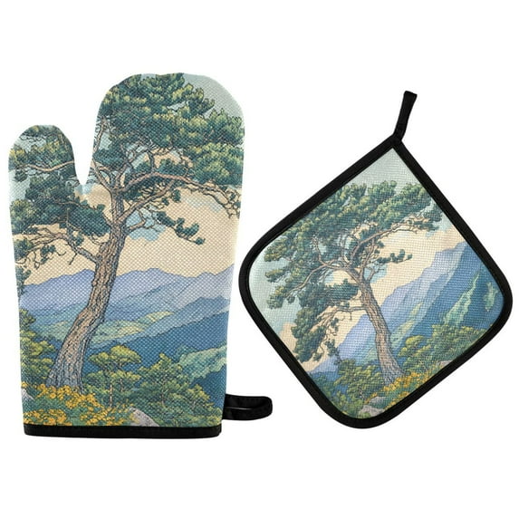 Yayeee Oven Mitts and Pot Holder Set of 4 Heat Resistant Kitchen Gloves Baking Hot Pad, Beige Mountain