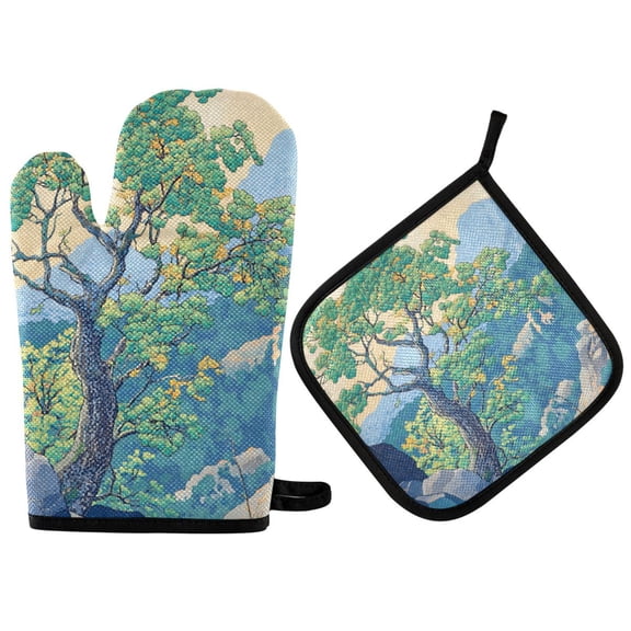 Yayeee Oven Mitts and Pot Holder Set of 4 Heat Resistant Kitchen Gloves Baking Hot Pad, Beige Tree