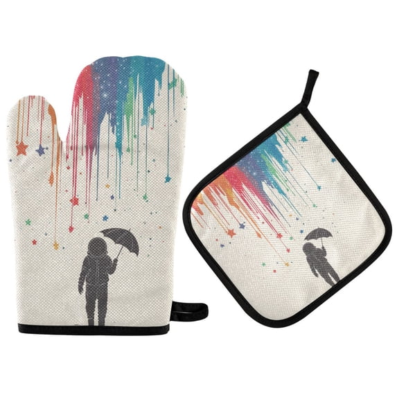 Yayeee Oven Mitts and Pot Holder Set of 4 Heat Resistant Kitchen Gloves Baking Hot Pad, Black Astronaut