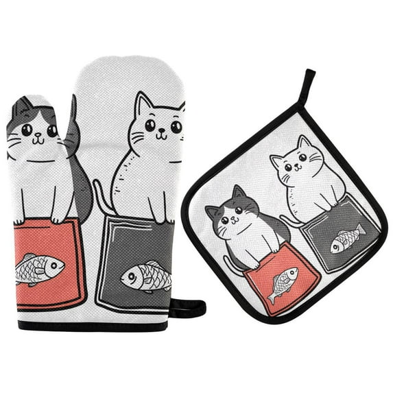 Yayeee Oven Mitts and Pot Holder Set of 4 Heat Resistant Kitchen Gloves Baking Hot Pad, Black Chubby Cat