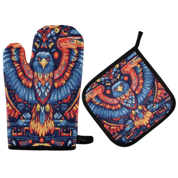 Yayeee Oven Mitts and Pot Holder Set of 4 Heat Resistant Kitchen Gloves Baking Hot Pad, Blue Abstract Eagle