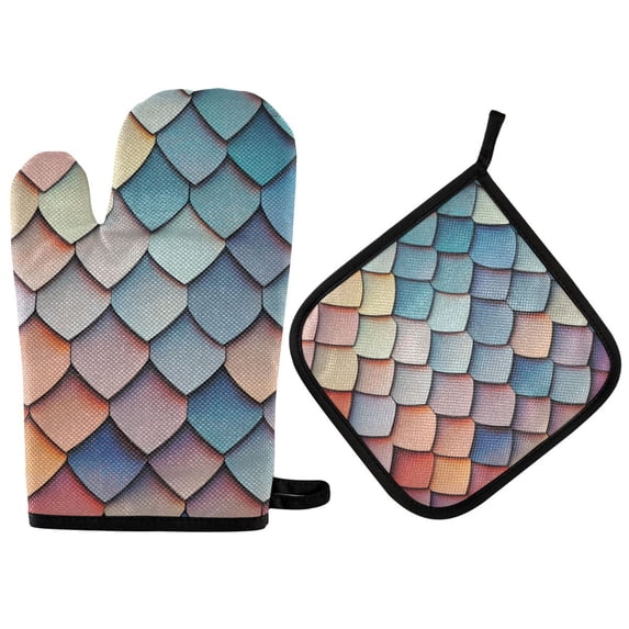 Yayeee Oven Mitts and Pot Holder Set of 4 Heat Resistant Kitchen Gloves Baking Hot Pad, Blue Art Pattern
