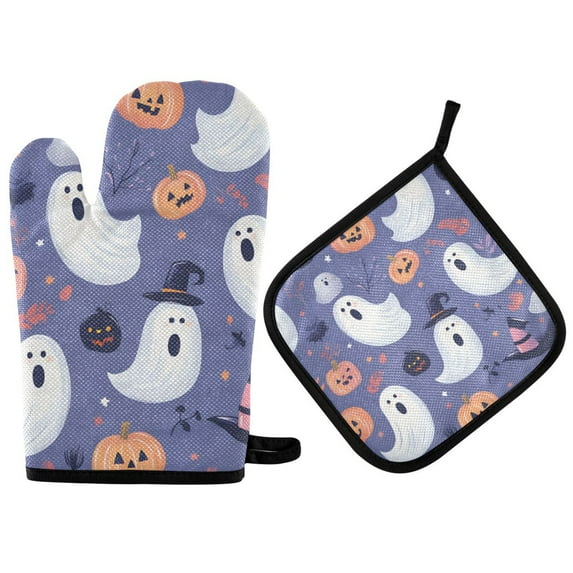 Yayeee Oven Mitts and Pot Holder Set of 4 Heat Resistant Kitchen Gloves Baking Hot Pad, Blue Cute Halloween