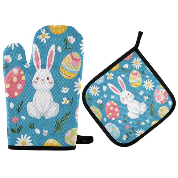 Yayeee Oven Mitts and Pot Holder Set of 4 Heat Resistant Kitchen Gloves Baking Hot Pad, Blue Easter Bunny