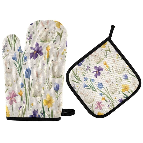 Yayeee Oven Mitts and Pot Holder Set of 4 Heat Resistant Kitchen Gloves Baking Hot Pad, Blue Floral Rabbit