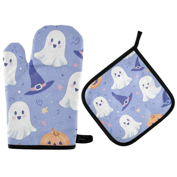 Yayeee Oven Mitts and Pot Holder Set of 4 Heat Resistant Kitchen Gloves Baking Hot Pad, Blue Halloween