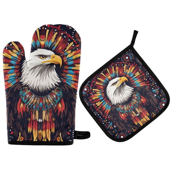 Yayeee Oven Mitts and Pot Holder Set of 4 Heat Resistant Kitchen Gloves Baking Hot Pad, Brown Abstract Eagle