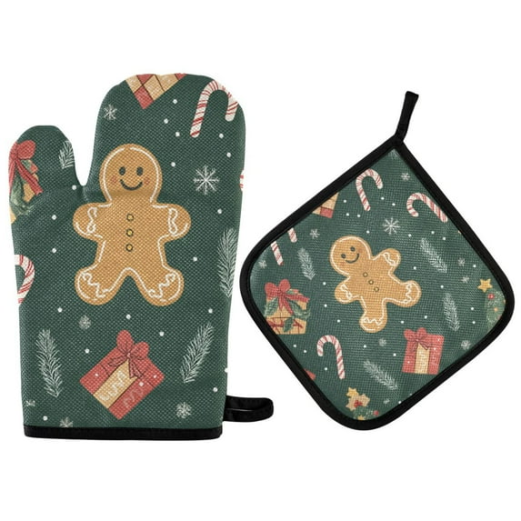 Yayeee Oven Mitts and Pot Holder Set of 4 Heat Resistant Kitchen Gloves Baking Hot Pad, Brown Christmas Gingerbread