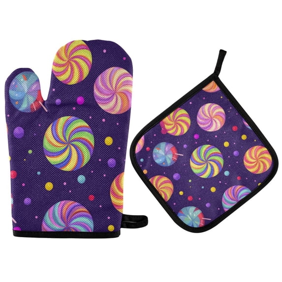 Yayeee Oven Mitts and Pot Holder Set of 4 Heat Resistant Kitchen Gloves Baking Hot Pad, Candy Cosmic Swirls