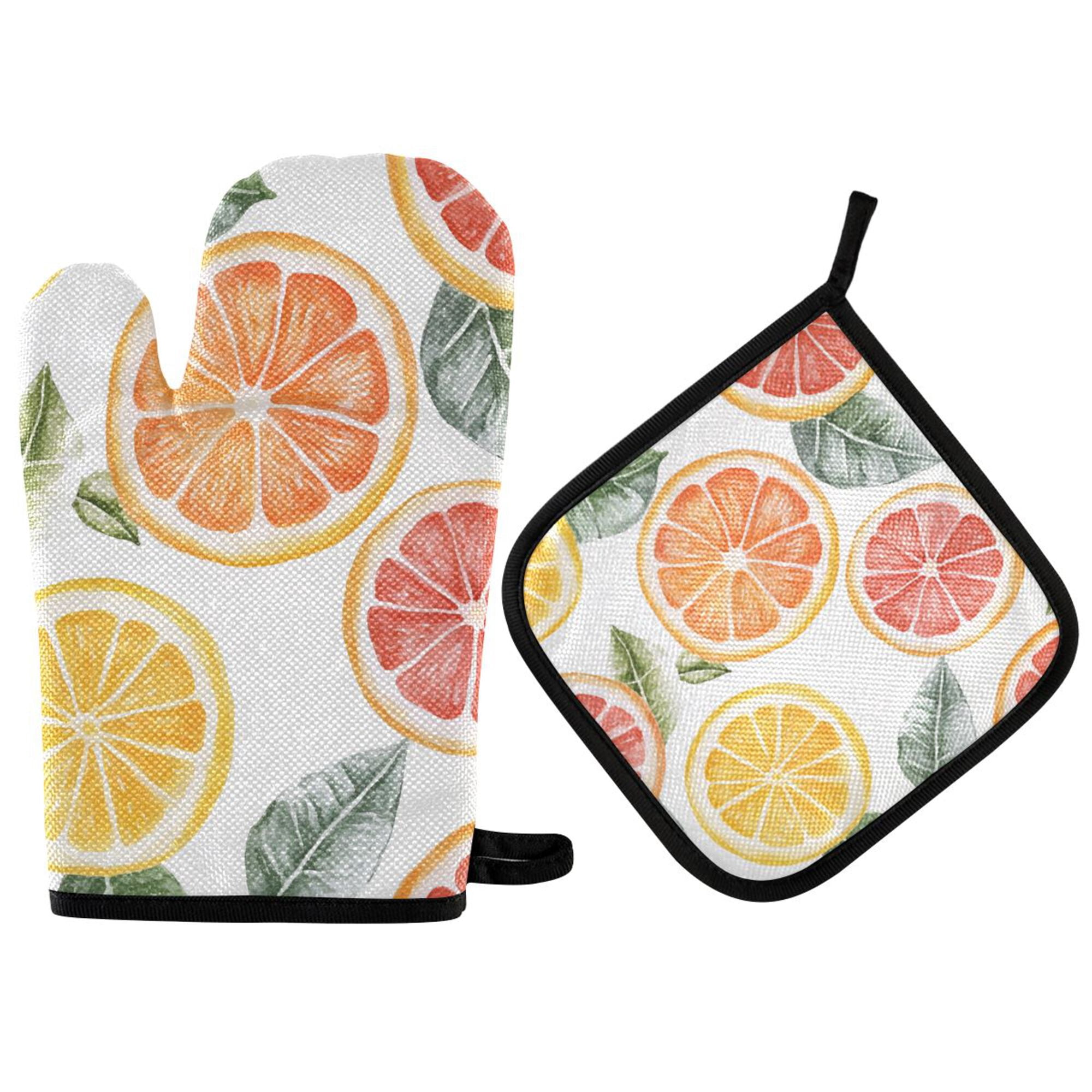 Yayeee Oven Mitts and Pot Holder Set of 4 Heat Resistant Kitchen Gloves Baking Hot Pad, Candy Grapefruit Slices