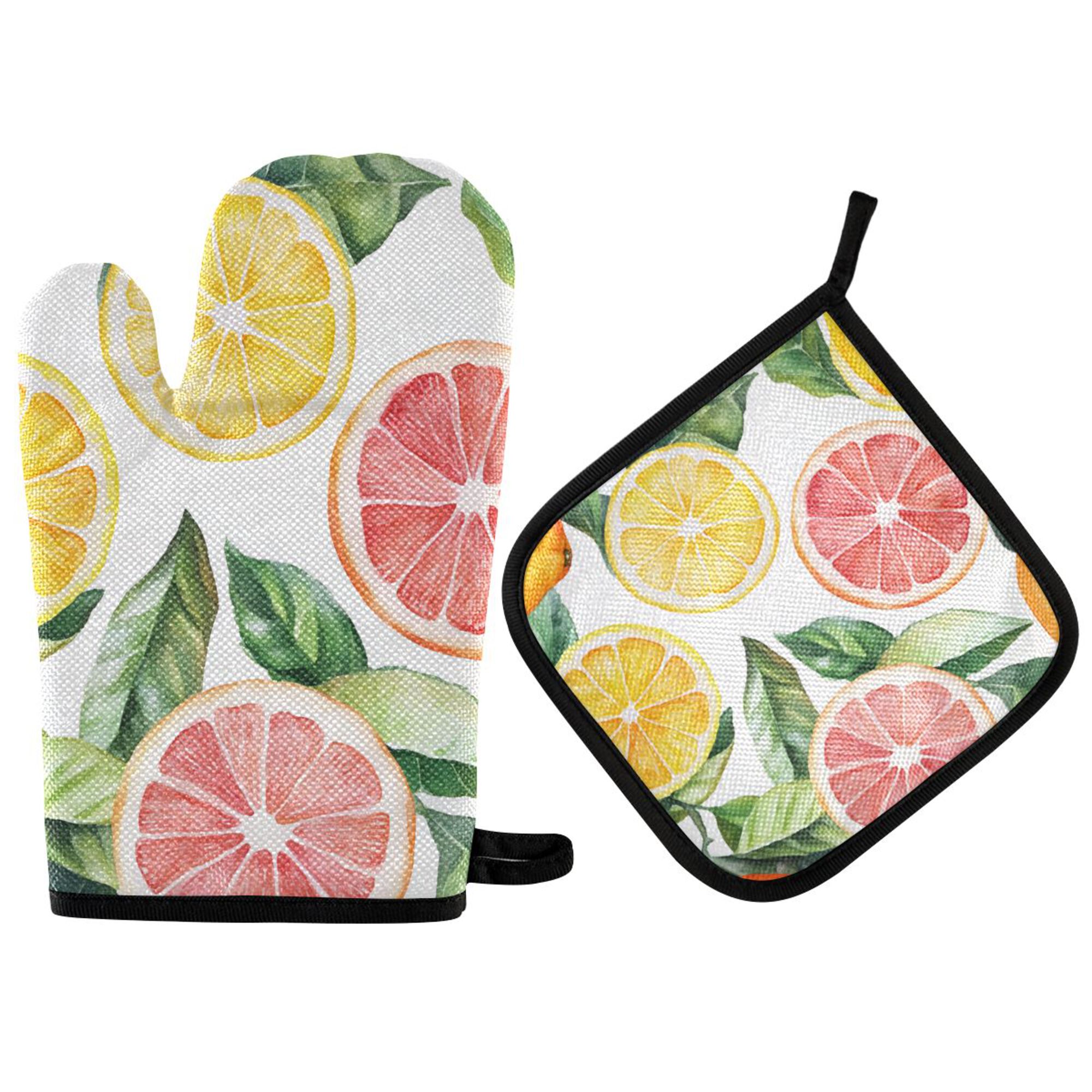 Yayeee Oven Mitts and Pot Holder Set of 4 Heat Resistant Kitchen Gloves Baking Hot Pad, Candy Grapefruit