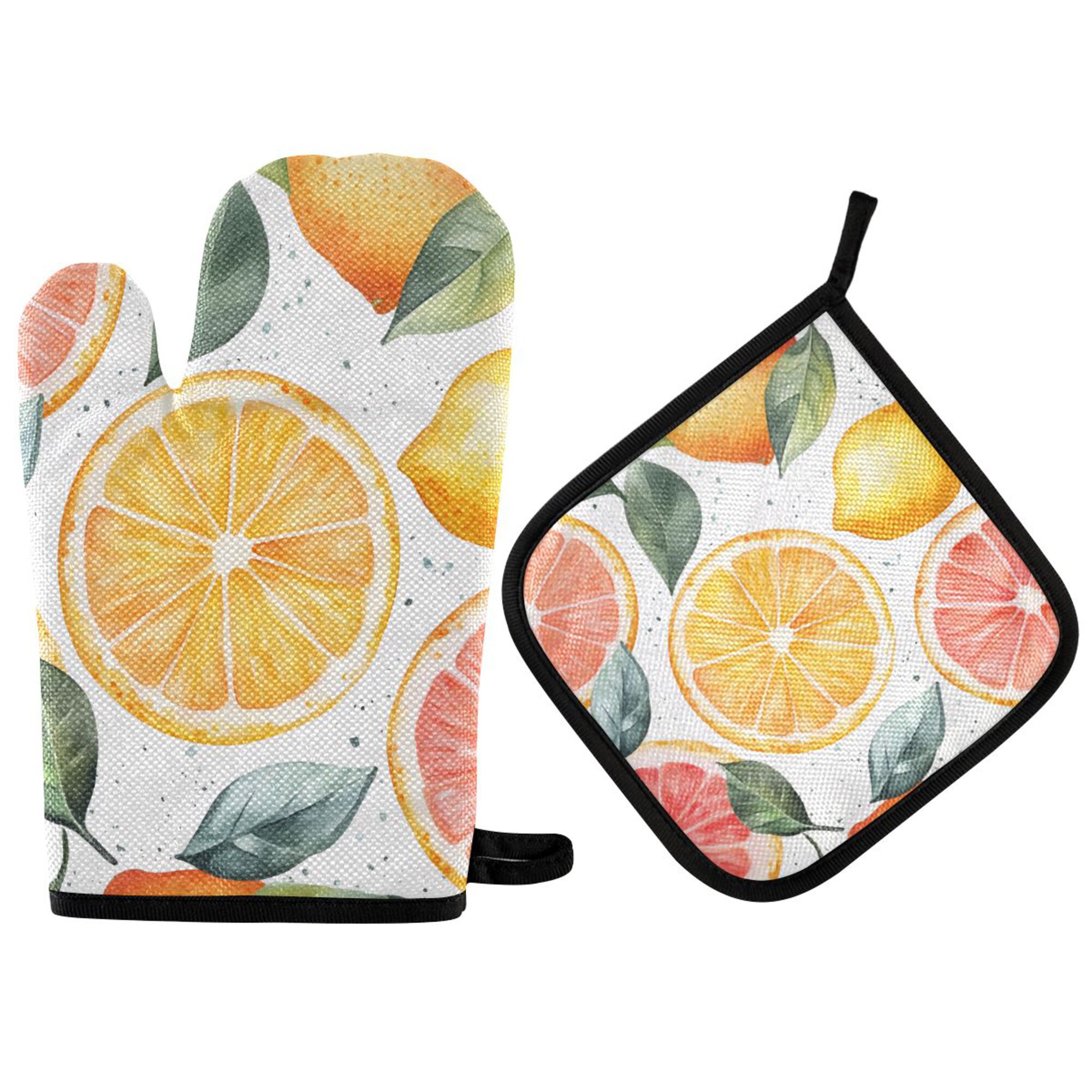 Yayeee Oven Mitts and Pot Holder Set of 4 Heat Resistant Kitchen Gloves Baking Hot Pad, Candy Lemon Slices