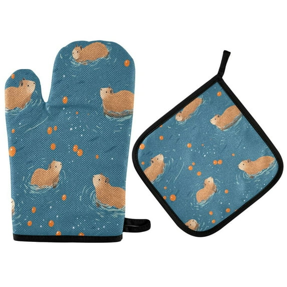 Yayeee Oven Mitts and Pot Holder Set of 4 Heat Resistant Kitchen Gloves Baking Hot Pad, Capybaras Swimming