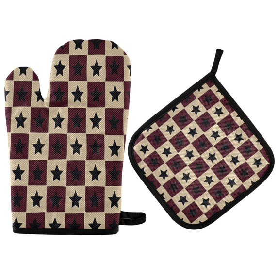 Yayeee Oven Mitts and Pot Holder Set of 4 Heat Resistant Kitchen Gloves Baking Hot Pad, Checkered Stars Pattern