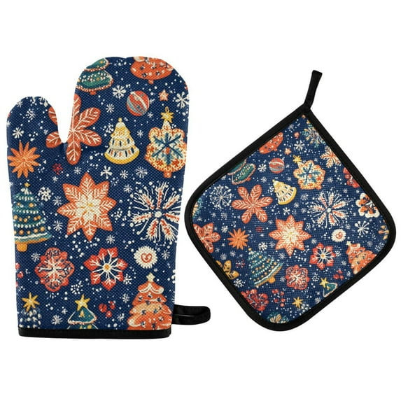 Yayeee Oven Mitts and Pot Holder Set of 4 Heat Resistant Kitchen Gloves Baking Hot Pad, Christmas Splendor