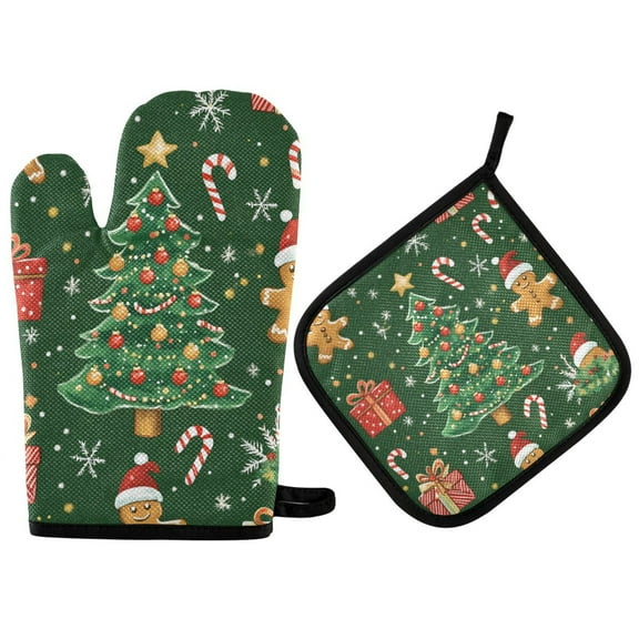 Yayeee Oven Mitts and Pot Holder Set of 4 Heat Resistant Kitchen Gloves Baking Hot Pad, Christmas Tree