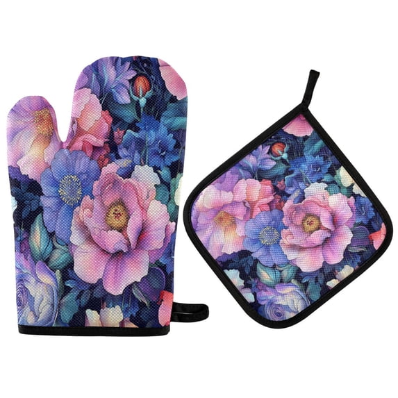 Yayeee Oven Mitts and Pot Holder Set of 4 Heat Resistant Kitchen Gloves Baking Hot Pad, Colorful Art Flowers
