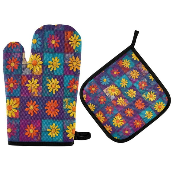 Yayeee Oven Mitts and Pot Holder Set of 4 Heat Resistant Kitchen Gloves Baking Hot Pad, Colorful Checkered Daisy