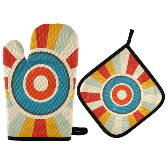 Yayeee Oven Mitts and Pot Holder Set of 4 Heat Resistant Kitchen Gloves Baking Hot Pad, Colorful Circles
