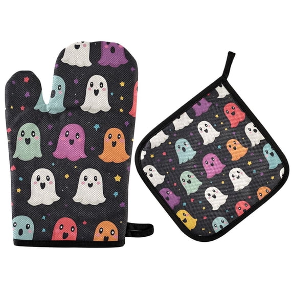 Yayeee Oven Mitts and Pot Holder Set of 4 Heat Resistant Kitchen Gloves Baking Hot Pad, Colorful Halloween Ghost