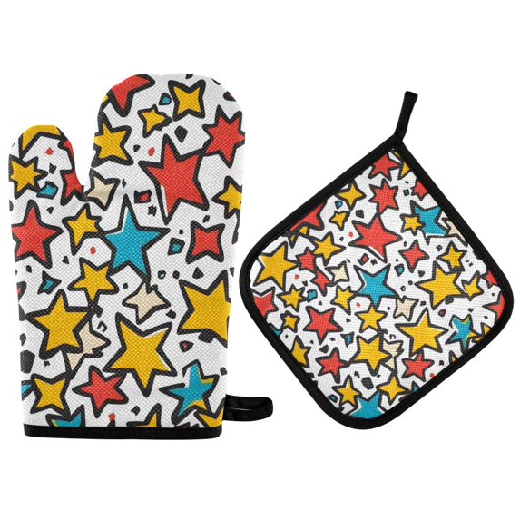 Yayeee Oven Mitts and Pot Holder Set of 4 Heat Resistant Kitchen Gloves Baking Hot Pad, Colorful Stars