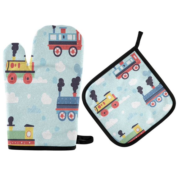 Yayeee Oven Mitts and Pot Holder Set of 4 Heat Resistant Kitchen Gloves Baking Hot Pad, Colorful Trains